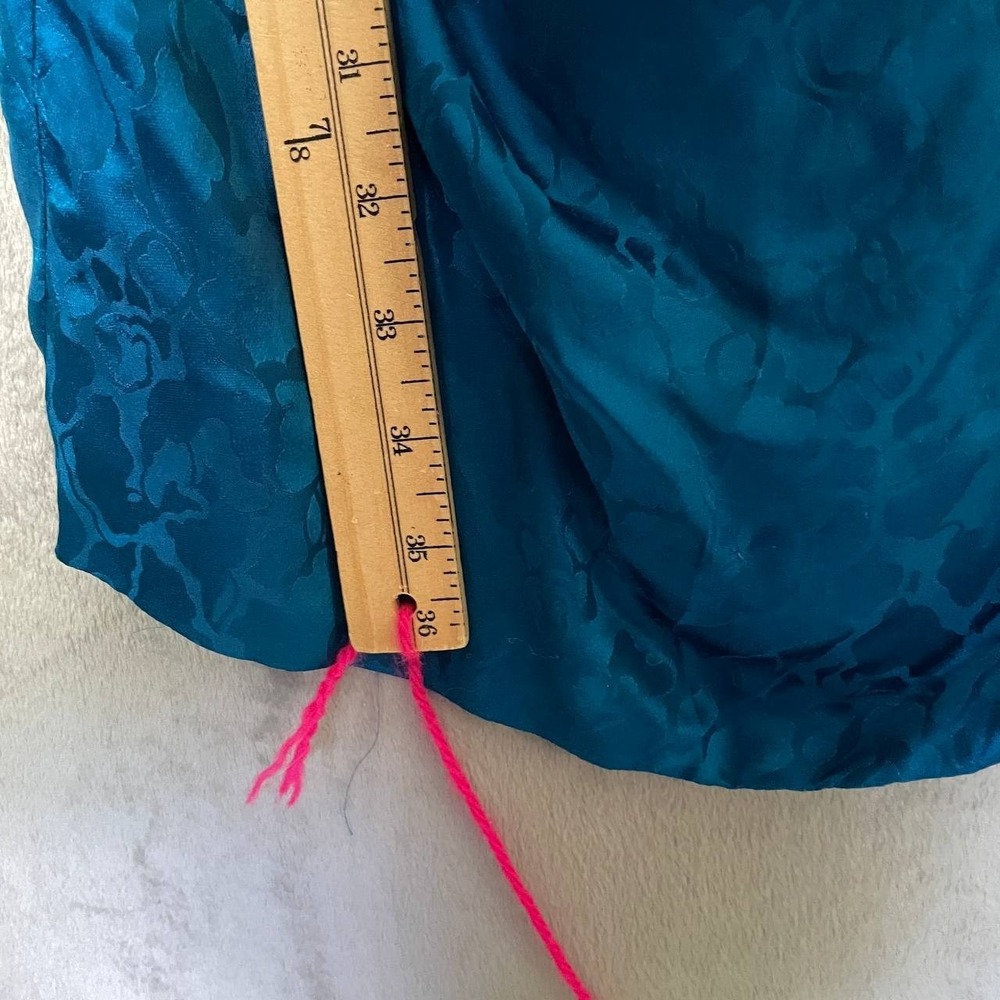 Vintage AJ Bari 100% Silk Teal Floral Ruched Ruffle Sleeve Cocktail Dress Size 8 - Picture 9 of 13